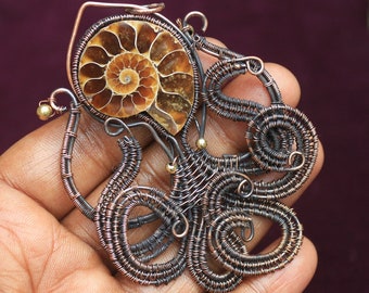 Fabulous Ammonite Octopus Pendant/ Ammonite Fossil Gemstone Copper Wire Wrap Pendant Jewelry/ Pendant For Necklace/ Gift For Mom Pendant