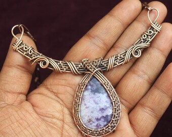 Adjustable Copper Wire Wrap Necklace: Blue Lepidolite Pendant