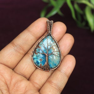 Chrysocolla Tree of Life Pendant: Copper Wire Wrapped Gemstone Jewelry