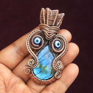 Labradorite Owl Pendant: Copper Wire Wrap Jewelry
