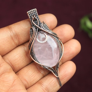 Fabulous Handmade Pendant / Pink Rose Quartz Gemstone Copper Wire Wrap Jewelry/ Oxidize Polish Pendant/ Christmas Gift/ Gift For Lover