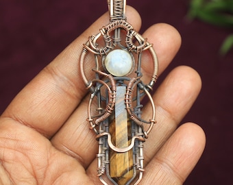 Tiger Eye,Moonstone Evil Eye Gemstone Copper Wire Wrap Pendant Jewelry/ Gift For Wife/ Oxidize/ Tiger Eye Copper Wire Necklace/ Birth Gift