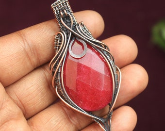 Faceted Red Ruby Copper Wire Wrap Pendant Jewelry