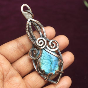 Unique Blue Fire Labradorite Copper Pendant/ Gemstone Copper Wire Wrap Pendant Jewelry/ Gift Pendant/ Oxidize Polish Pendant/ Gift For Her