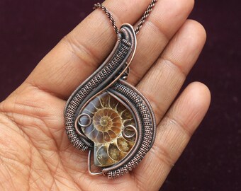 Ammonite Copper Wire Wrap pendant / Ammonite Pendant Jewelry/ Gift For Anniversary/ Oxidize Polish Copper Pendant/ Boho Copper Necklace