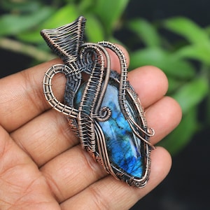 Beautiful Blue Fire Labradorite Copper Pendant/ Gemstone Copper Wire Wrap Pendant Jewelry/ Gift Pendant/ Oxidize Polish Pendant