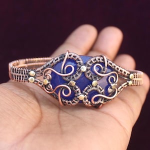 Faceted Sapphire Copper Bangle: Adjustable Wire Cuff Bracelet