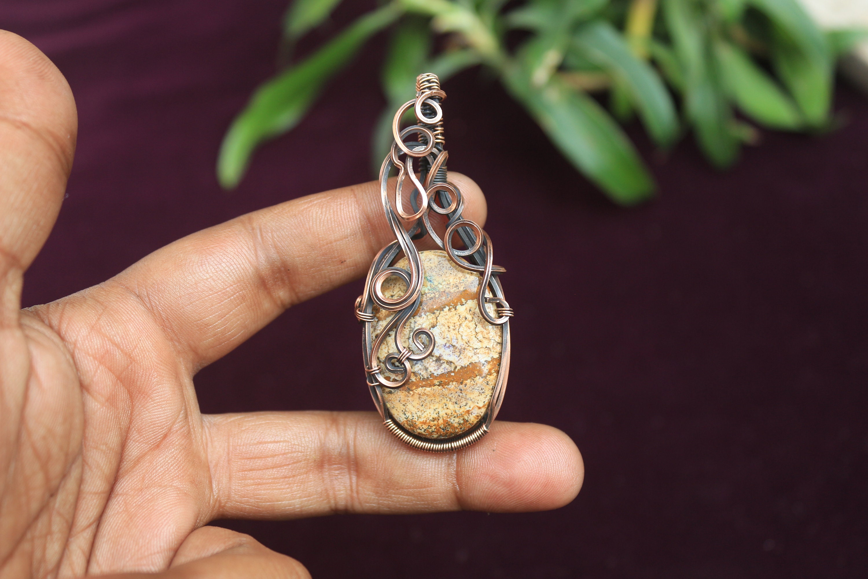 ピクチャージャスパー銅線巻きペンダント - 酸化ジュエリー - Etsy 日本