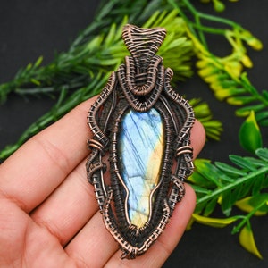 Pretty Blue Multi Fire Labradorite Copper Design Pendant/ Gemstone Copper Wire Wrap Pendant Jewelry/ Gift Pendant/ Oxidize Polish Pendant