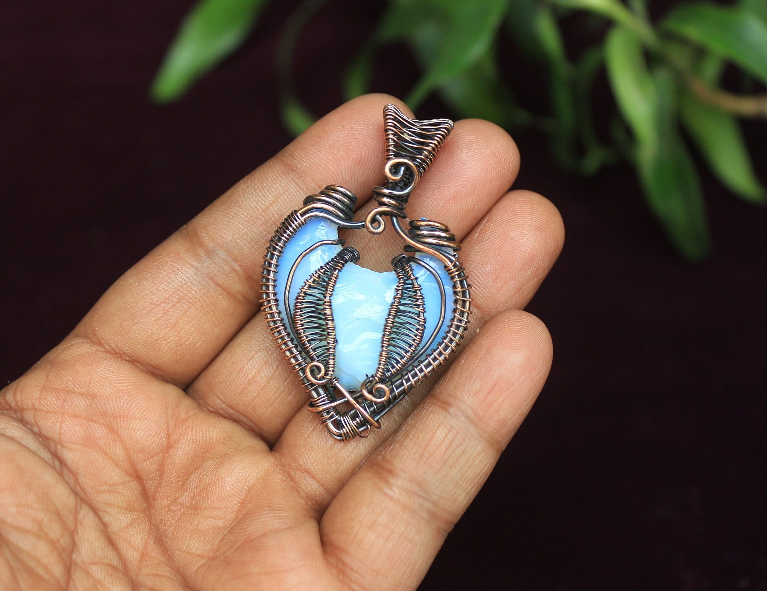 Opalite Moon Pendant: Handmade Copper Wire Wrapped Gemstone Jewelry