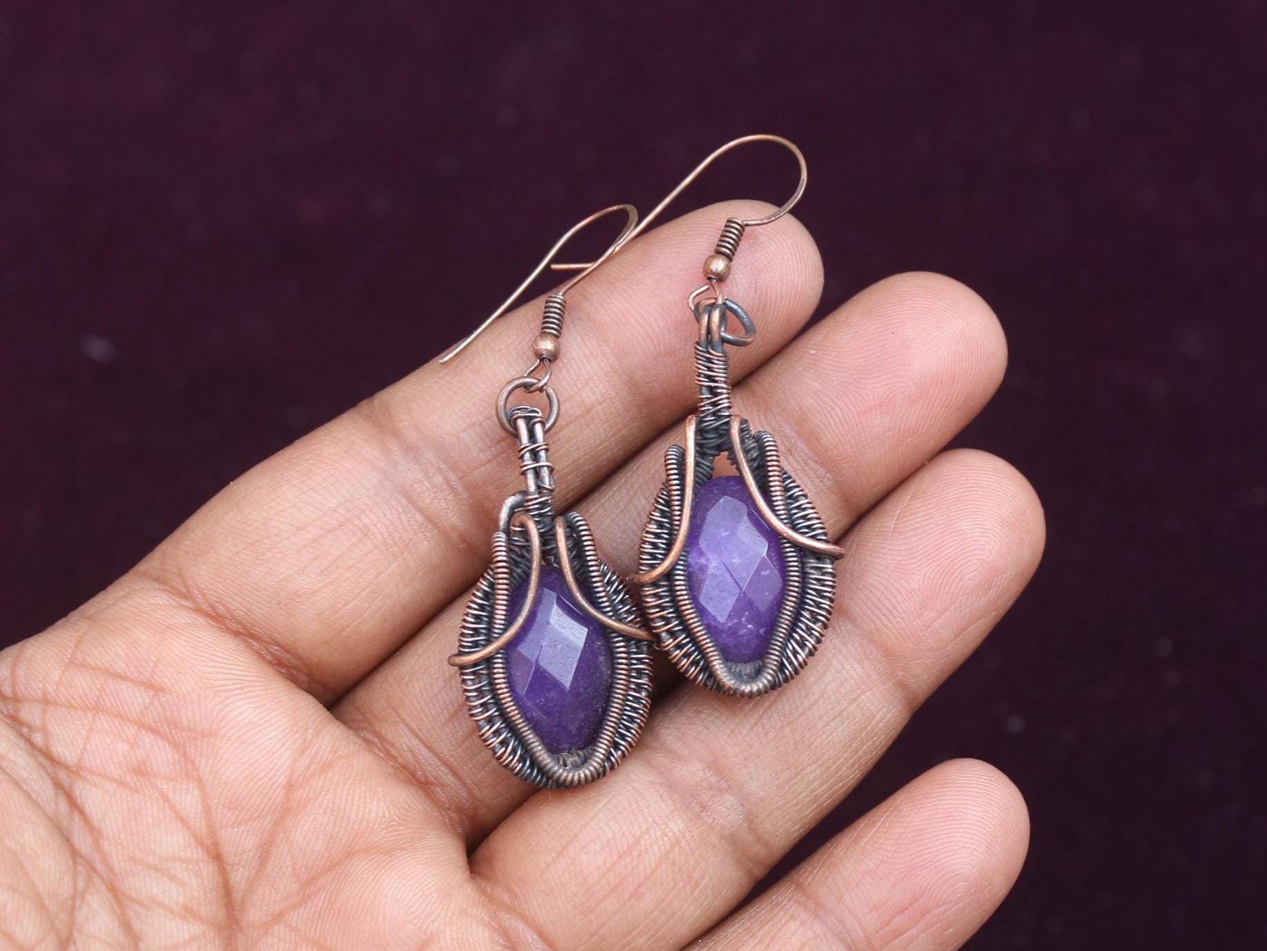 Faceted Blue Sapphire Copper Wire Wrap Earrings: Oxidized Copper Jewelry