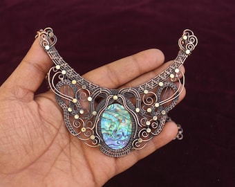Handmade Abalone Copper Wire Wrap Necklace: Oxidized Iron Tiger Jewelry