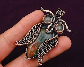 Oxidized Copper Wire Owl Pendant: Moss Agate Gemstone Jewelry