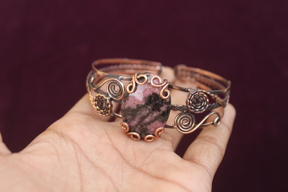 Rhodonite Copper Cuff Bracelet Rhodonite Bracelet Copper  Artisan Copper Bracelet with Rhodonite main image 1