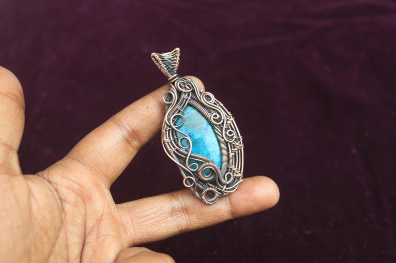 Fabulous Chrysocolla Gemstone Copper Wire Wrap Pendant Jewelry