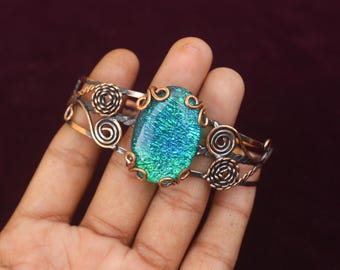 Opal Copper Bangle Bracelet: Adjustable Wire Cuff