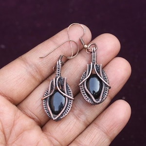 COPPER EARRINGS!! Tempting Black Onyx Copper Wire Wrap Earrings Jewelry, Gift For Her, Gemstone Copper Earrings, Earrings Best For Gift
