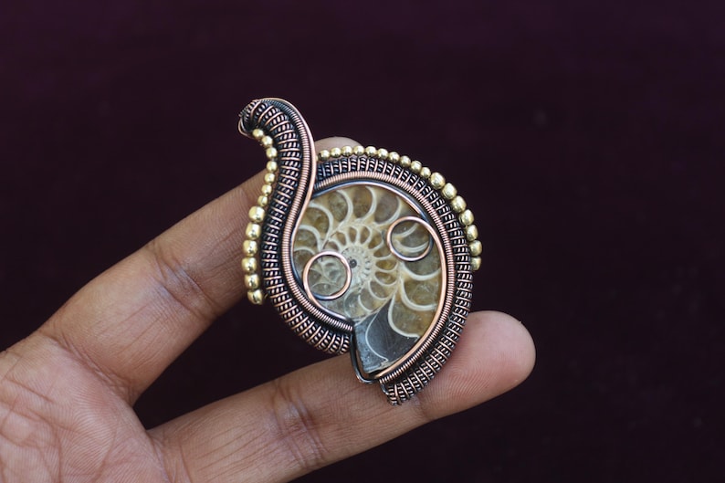May include: A handcrafted pendant featuring a fossilized ammonite encased in copper wire. The pendant has a spiral design with a bronze and gold-colored wire frame. The fossil is a light brown color and is held in place by the wire.