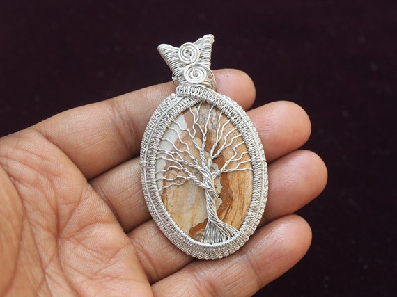 Copper Wire Wrapped Tree of Life Picture Jasper Pendant