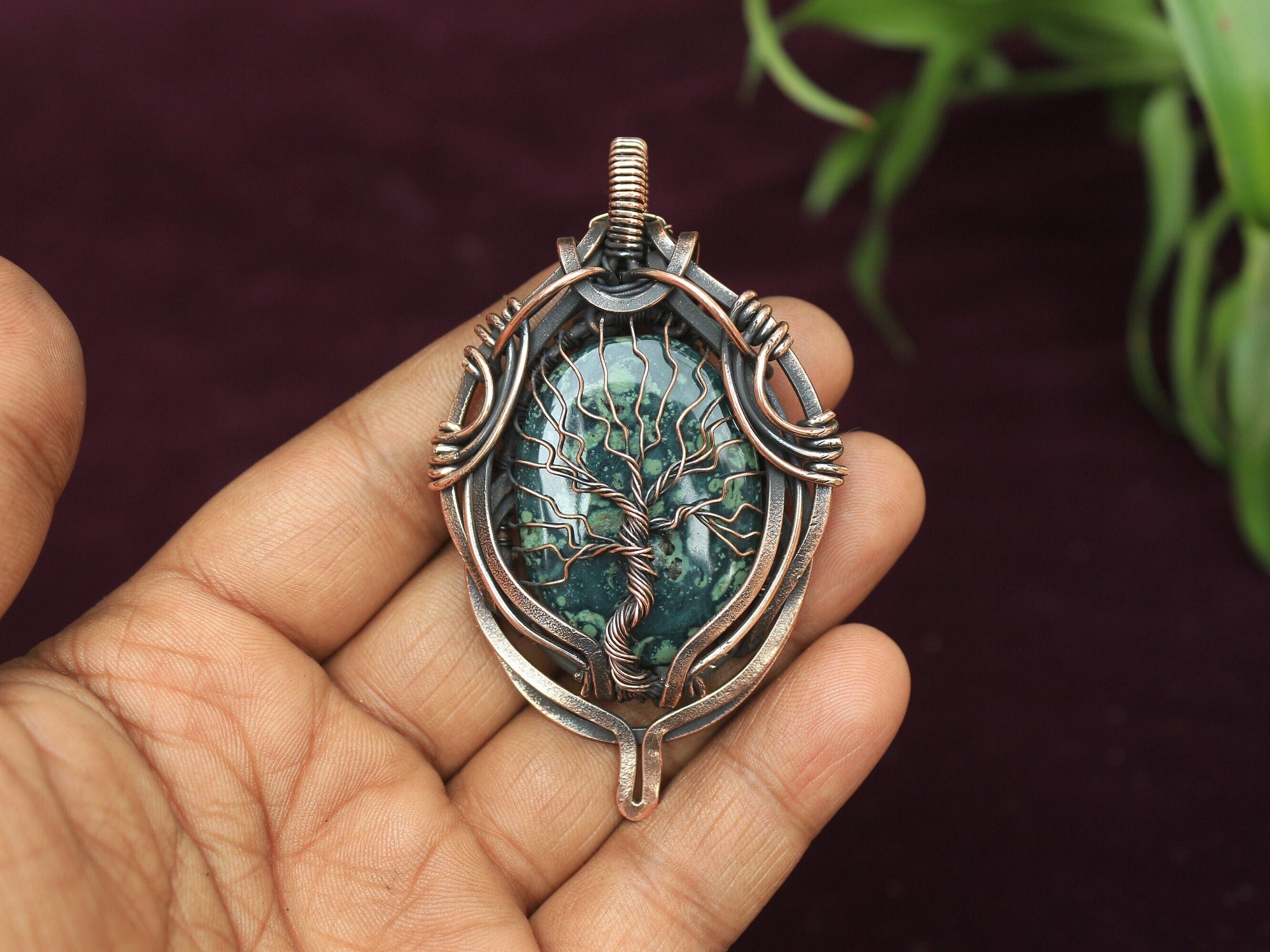 Kambaba Jasper Tree of Life Pendant: Oxidized Copper Wire Wrap