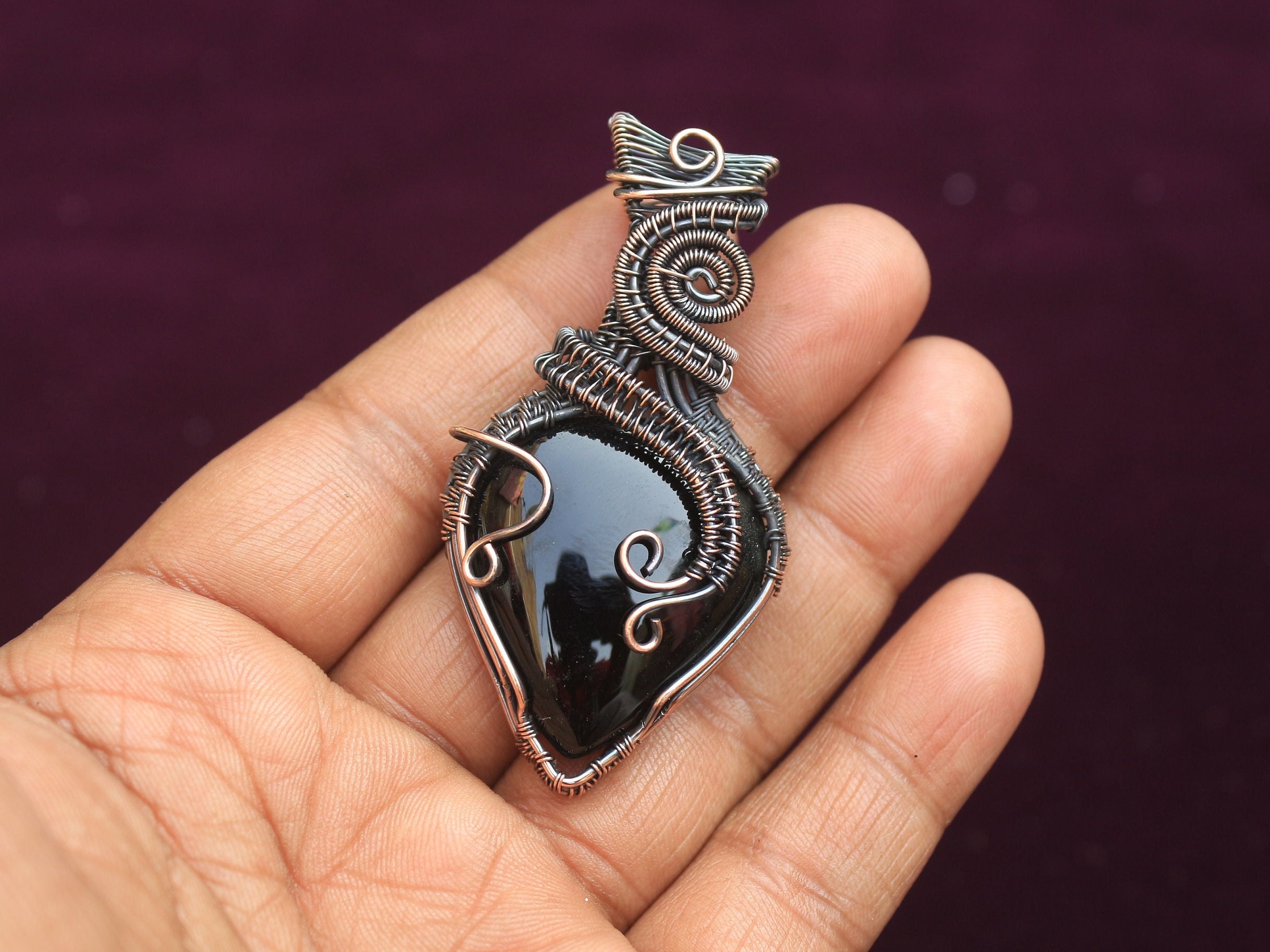 Handmade Black Onyx Copper Wire Wrapped Pendant