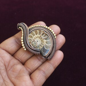 May include: A handcrafted pendant featuring a fossilized ammonite encased in a wire-wrapped setting. The pendant showcases a spiral pattern in shades of brown, tan, and gray, with gold-colored accents. The wirework is intricate and detailed.