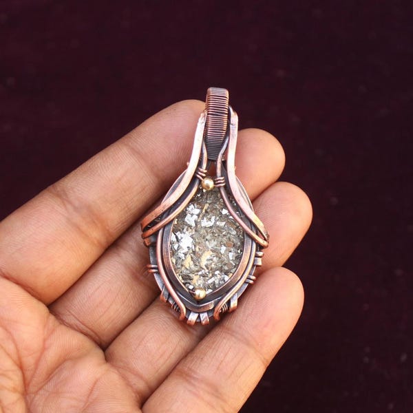 Gold Pyrite Druzy Copper Wire Wrap Pendant