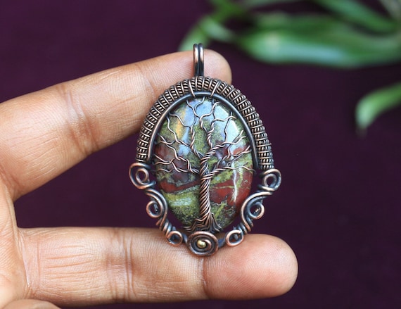 Dragon Blood Agate Tree Of Life Pendant, Oxidized Copper Wire Wrap