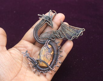 Beautiful Dragon Design Copper Wire Wrap Pendant Jewelry/ Coffee Bean Jasper Copper Pendant/ Gift For Birthday / Oxidize Dragon Pendant