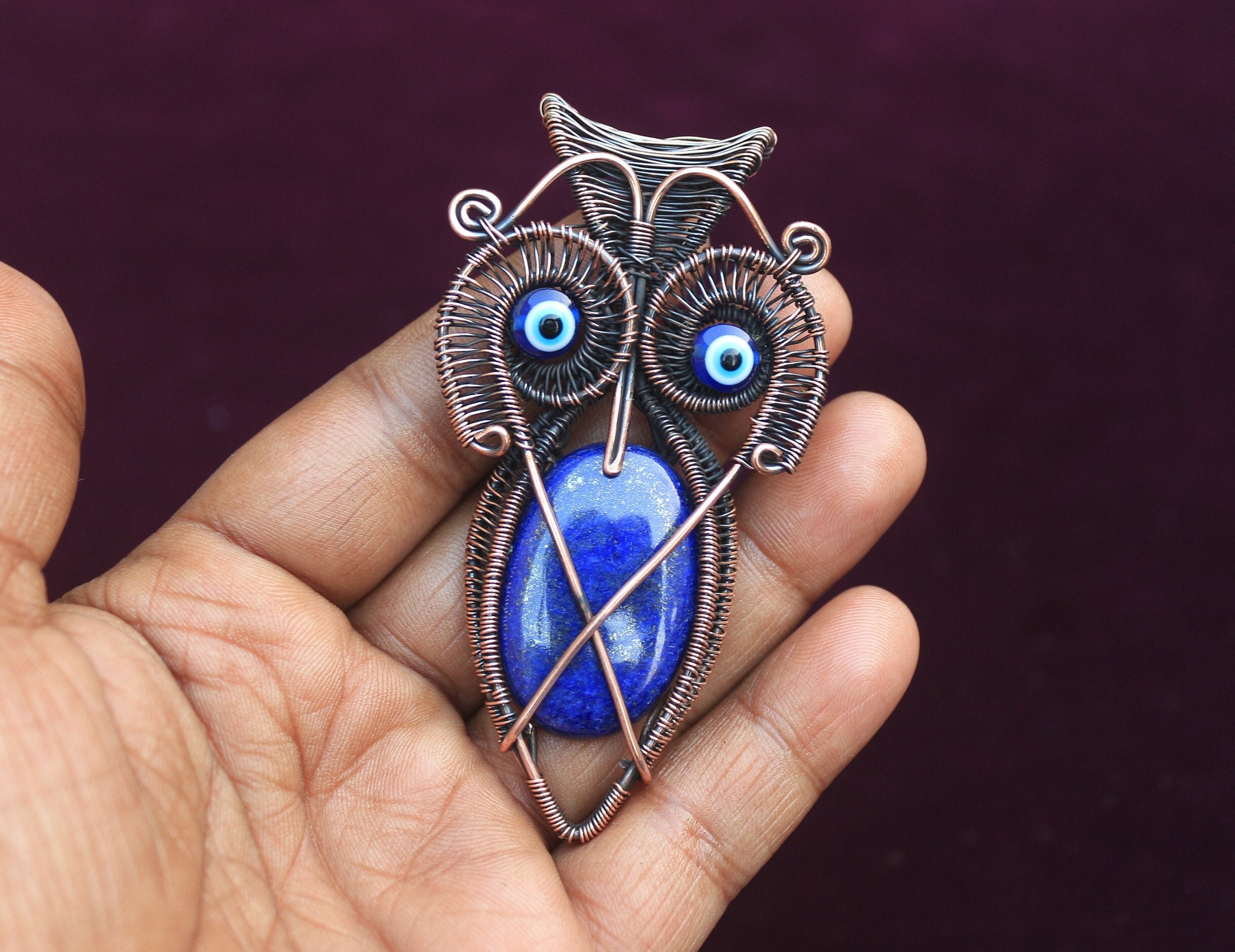 Lapis Lazuli Owl Pendant: Copper Wire Wrapped Gemstone Jewelry