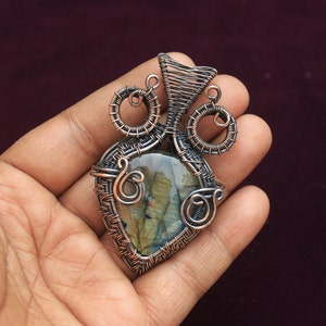 Labradorite Gemstone Copper Wire Wrap Pendant - Oxidized Copper Jewelry