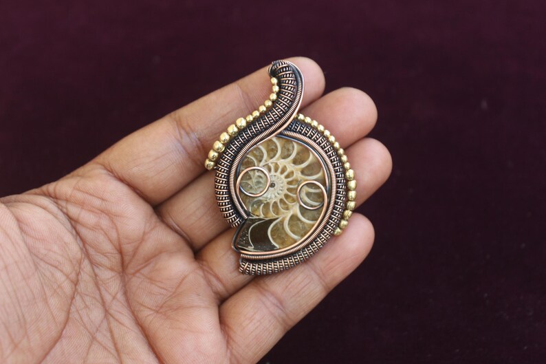 May include: A handcrafted pendant featuring a fossilized ammonite encased in a wire-wrapped setting. The pendant showcases a spiral pattern in shades of brown and tan, with gold-colored accents. The wirework is intricate, creating a unique, artistic piece.