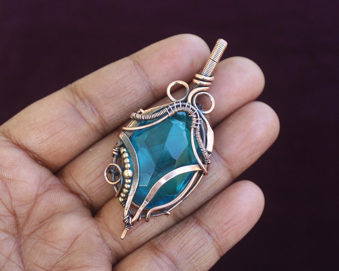 Copper Topaz Faceted Blue Topaz Copper Pendant: Oxidized Wire Wrapped Gemstone ...