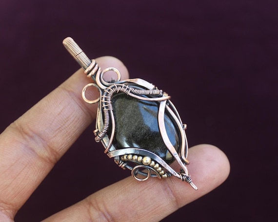 Golden Sheen Obsidian Pendant: Oxidized Copper Wire Wrap Jewelry, Gift For Her