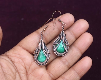 Malachite Copper Earrings: Wire Wrap Gemstone Jewelry