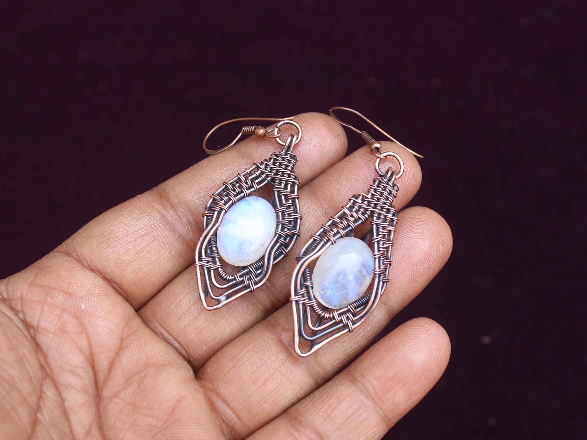 Blue Flash Moonstone Earrings: Copper Wire Wrapped Gemstone Jewelry