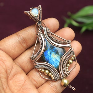 Hanger labradoriet koper: maansteen boze oog draadwikkelsieraden