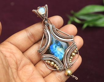 Multi Blue Fire Labradorite Copper Pendant/ Moonstone Evil Eye Gemstone Copper Wire Wrap Pendant Jewelry/ Gift Pendant/ Oxidize Pendant