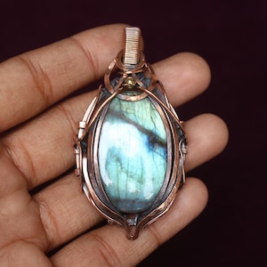 Unique Fire Labradorite Copper Pendant/ Labradorite Gemstone Copper Wire Wrap Pendant Jewelry/ Gift Pendant/ Oxidize Polish/ For Gift
