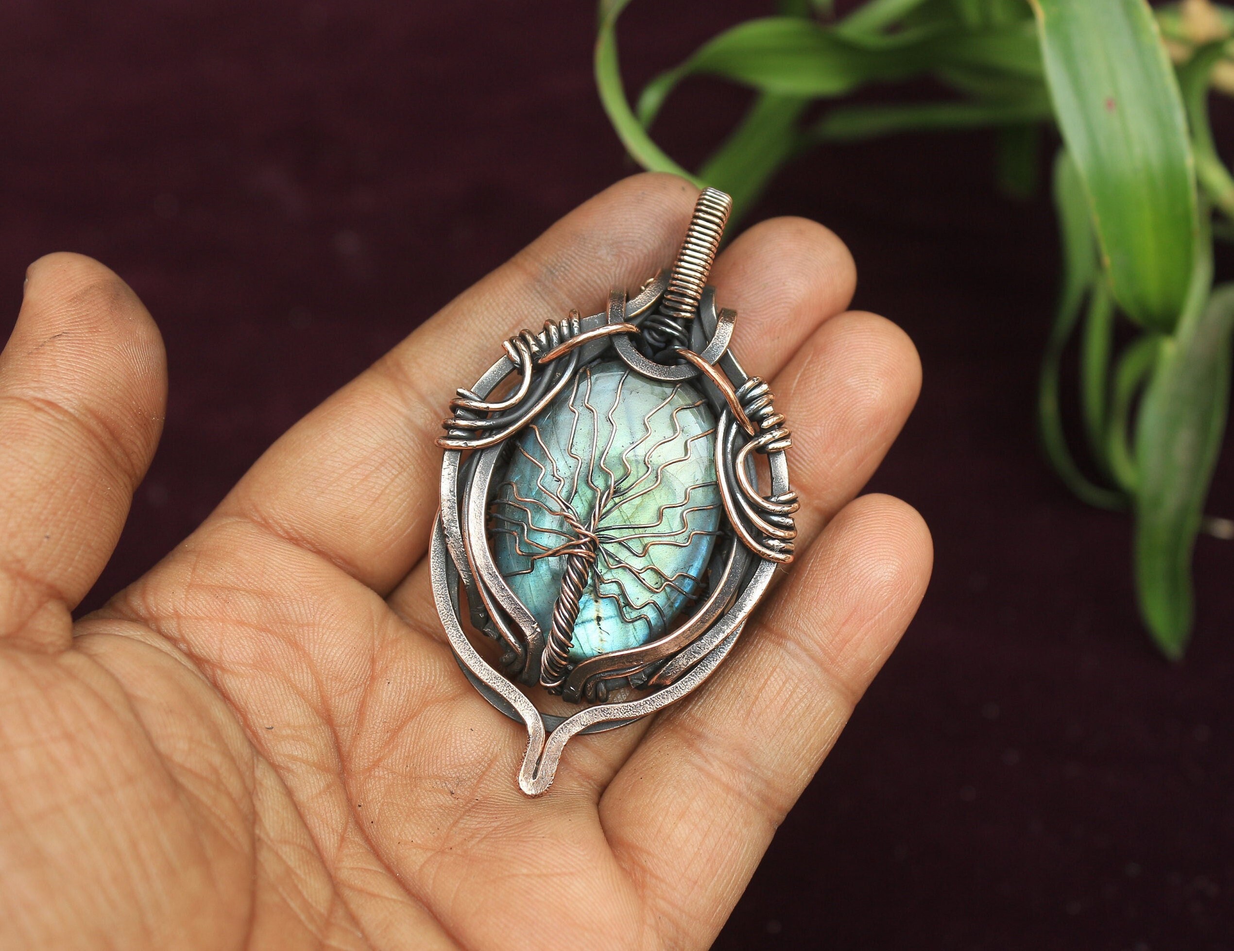 Labradorite Tree Of Life Pendant: Oxidized Copper Wire Wrapped Jewelry