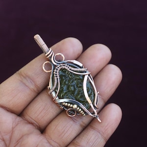 Handmade Moldavite Gemstone Copper Wire Wrap Pendant: Boho Jewelry