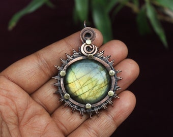 Fabulous Yellow Fire Labradorite Copper Pendant/ Gemstone Copper Wire Wrap Pendant Jewelry/ Gift Pendant/ Oxidize Polish Pendant