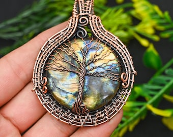 Tree of life pendant/ Yellow Multi Flash Labradorite Pendant/ Gemstone Copper Wire Wrap Pendant Jewelry / Gift Pendant/ Oxidize Pendant
