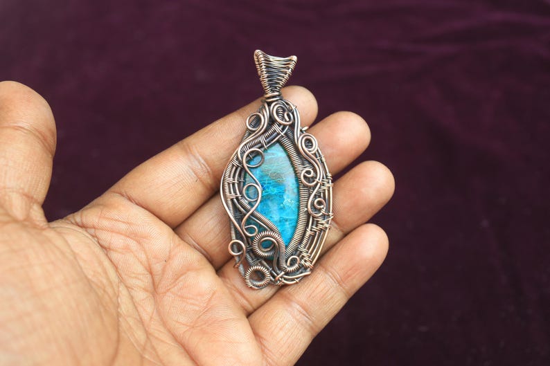 Fabulous Chrysocolla Gemstone Copper Wire Wrap Pendant Jewelry