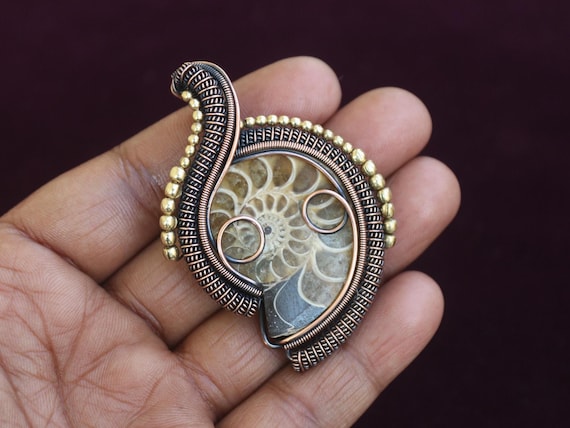 Ammonite Fossil Pendant: Copper Wire Wrapped Gemstone Jewelry Boho Pendant