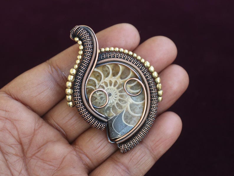 May include: A handcrafted pendant featuring a fossilized ammonite encased in copper wire. The pendant has a spiral design with a bronze and gold-colored wire wrap. The fossil is a light tan color with a dark brown background.