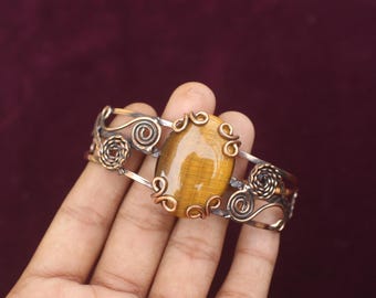 Tiger Eye Copper Wire Bangle: Adjustable Cuff Bracelet