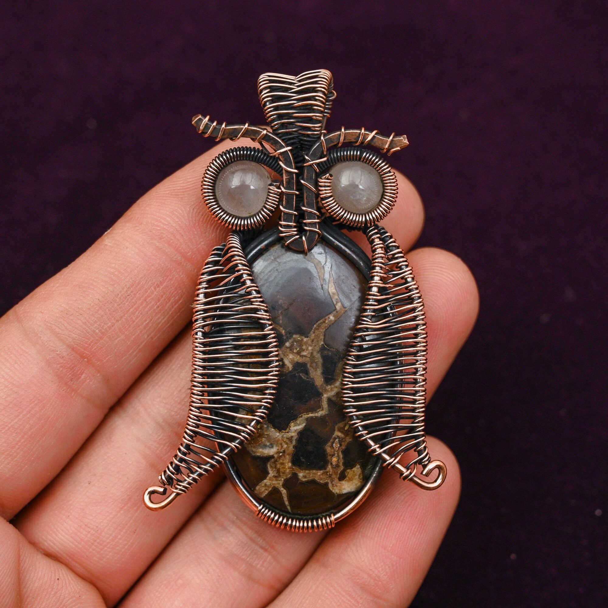 Septarian Owl Pendant: Copper Wire Wrapped Gemstone Jewelry