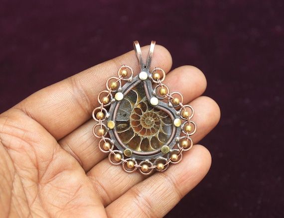 Ammonite Fossil Pendant: Copper Wire Wrapped Gemstone Jewelry