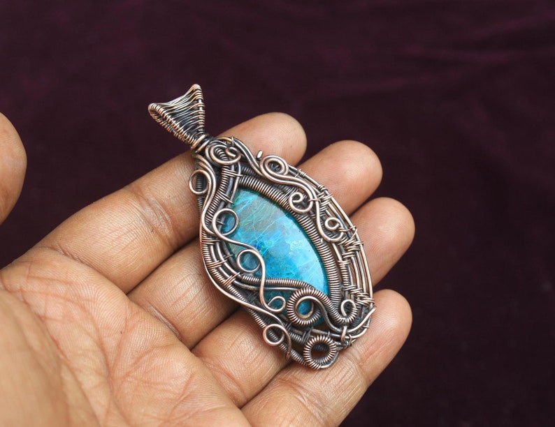 Fabulous Chrysocolla Gemstone Copper Wire Wrap Pendant Jewelry